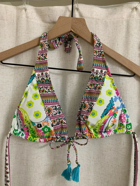 Rod Beattie Bleu Colorful Paisley Halter Bikini Set Tassels Teal Neon Accents 6 - Picture 2 of 10